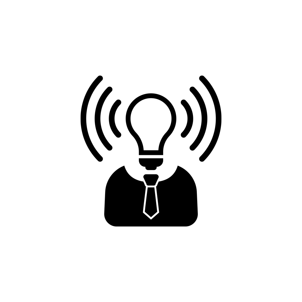 black silouette of a person with a lightbulb for a head wearing a shirt and tie
