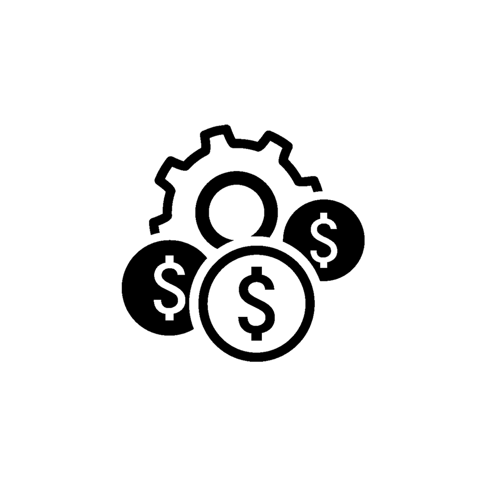 black silouette of cog and in front of it there 3 different circles with money signs
