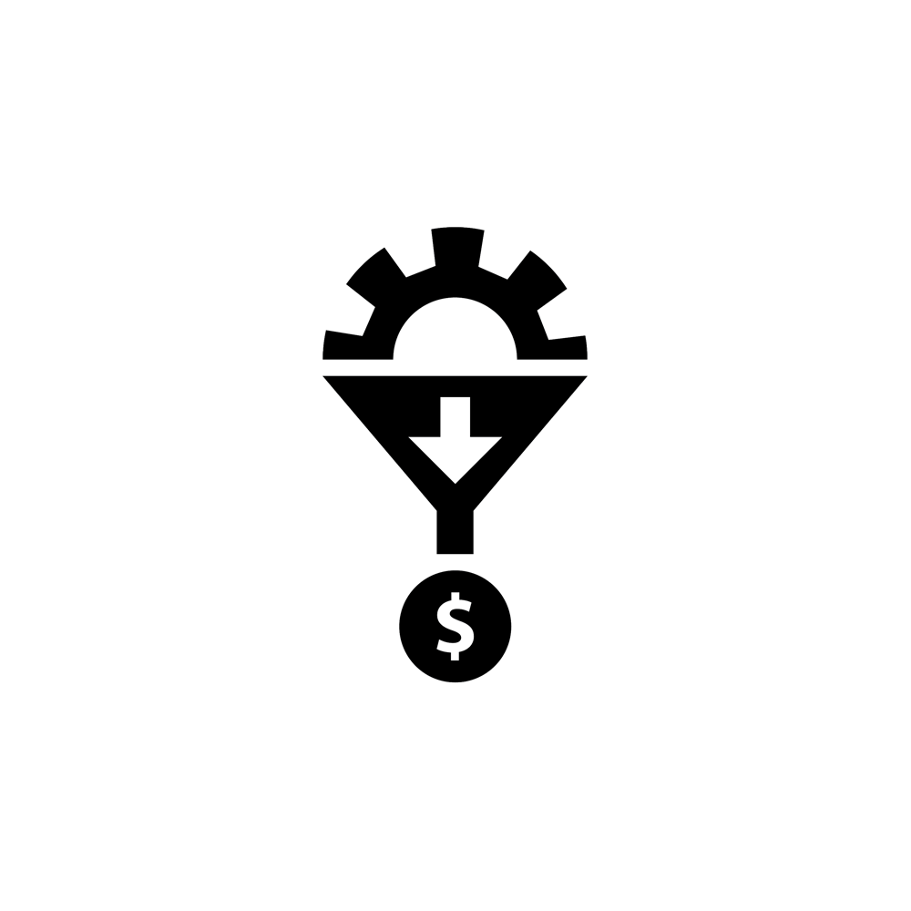 black silouette of funnel with arrow going down and circle with a money sign coming from the other end